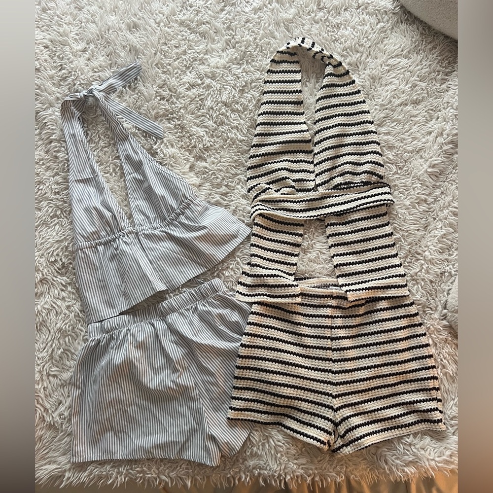 SHEIN Black & White Striped Knit Halter Crop Top and Shorts Set